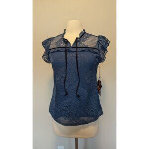 Blue Lace Romantic Ruffle Sleeve Top By Uncommon Job Small